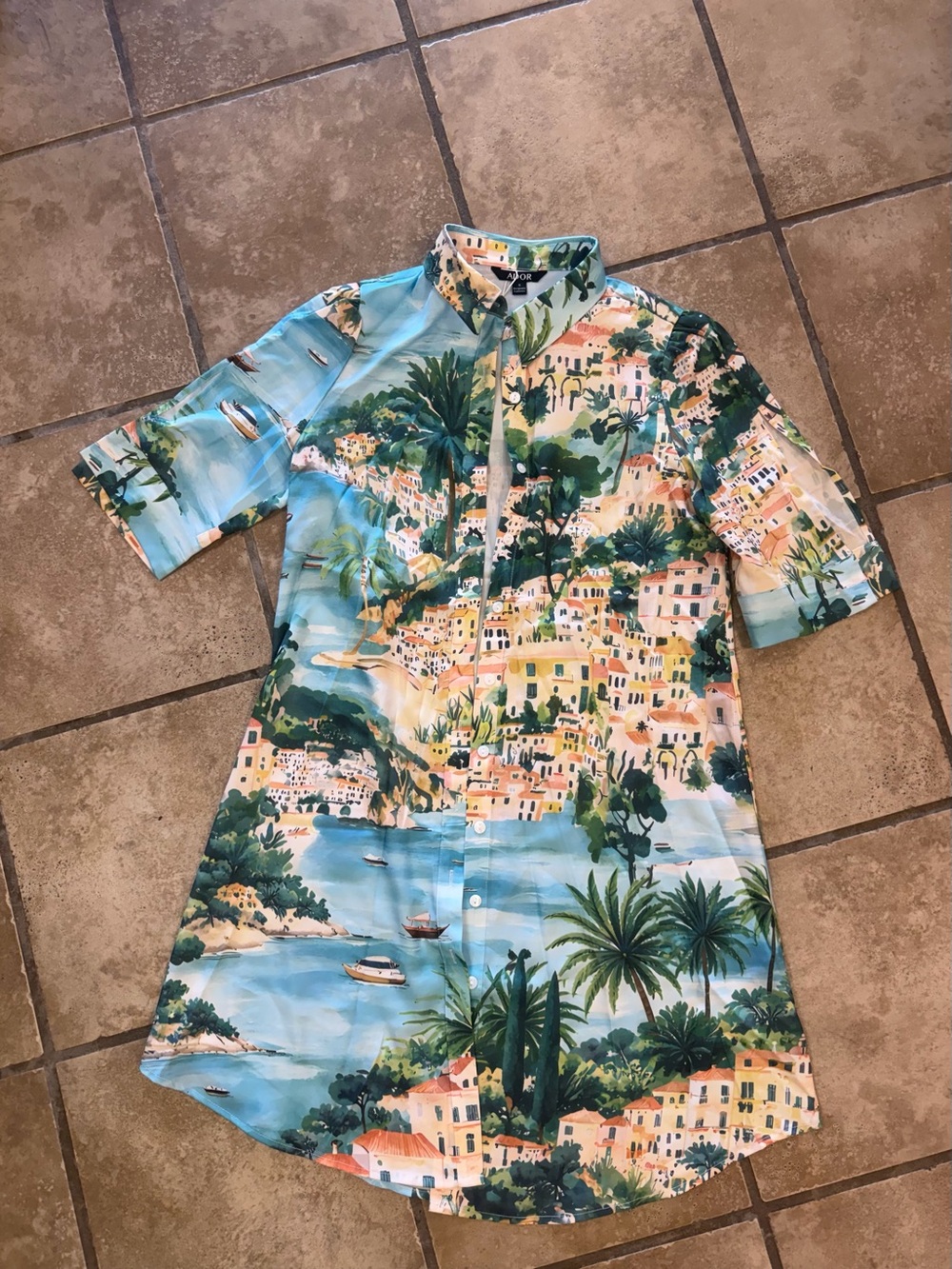 ADOR Azure Coast Riviera Silky Shirt Dress Womens Small Resort Palm Print NWT